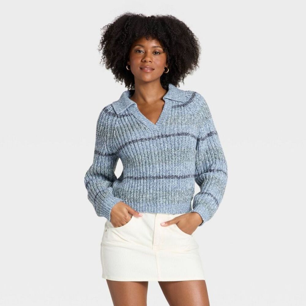 Women's Chunky Polo Collar Pullover Sweater - Universal Thread Blue Striped XS